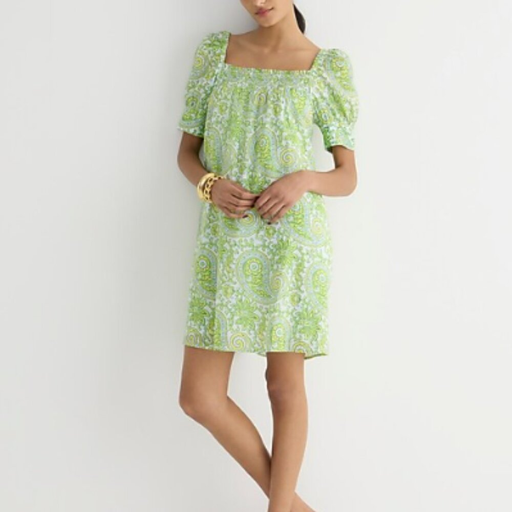 J. Crew Blockprint Yellow and Green Short Sleeve Cotton Dress size M